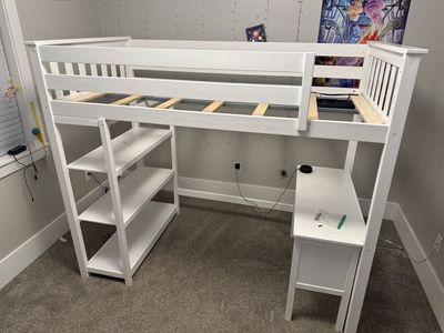 White Wooden Loft Bed Frame with Built-In Desk, Shelving Unit & Ladder