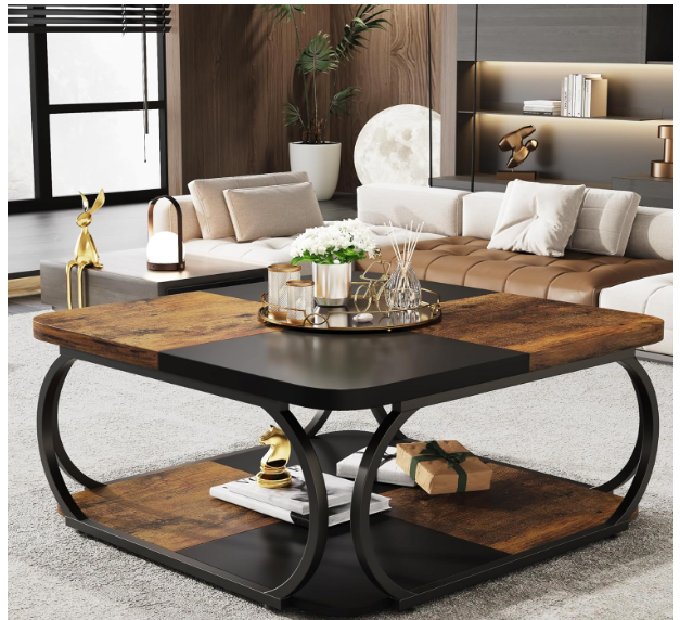 39.5 inch Square Coffee Table with 2 Tiers, 40 inches Low Farmhouse Coffee Table with Wood Storage Shelf Metal Curved Frame