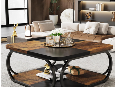 39.5 inch Square Coffee Table with 2 Tiers, 40 inches Low Farmhouse Coffee Table with Wood Storage Shelf Metal Curved Frame