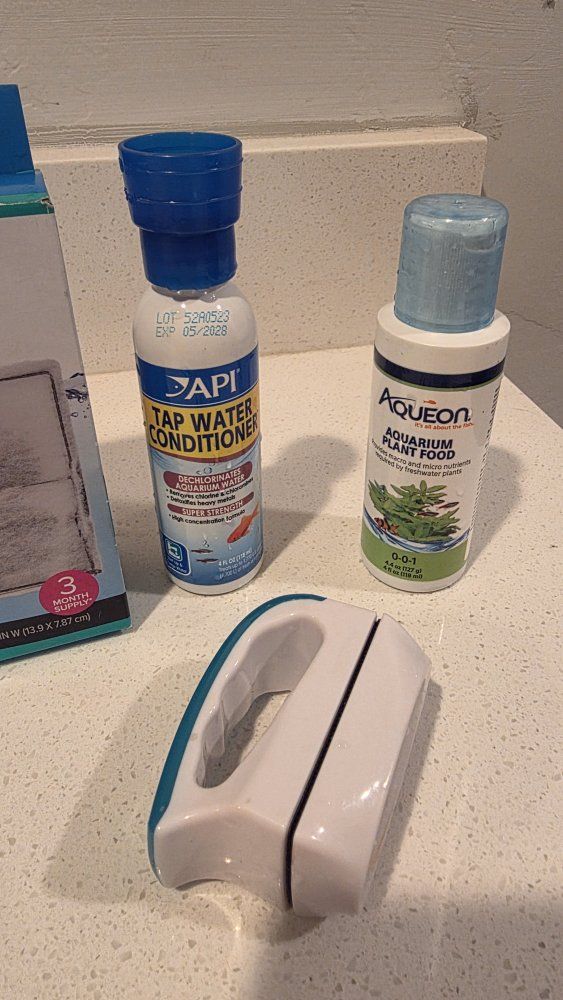 Aquarium Maintenance Lot: Top Fin PF-S Filters, API Tap Water Conditioner, Aqueon Plant Food & Glass Cleaner