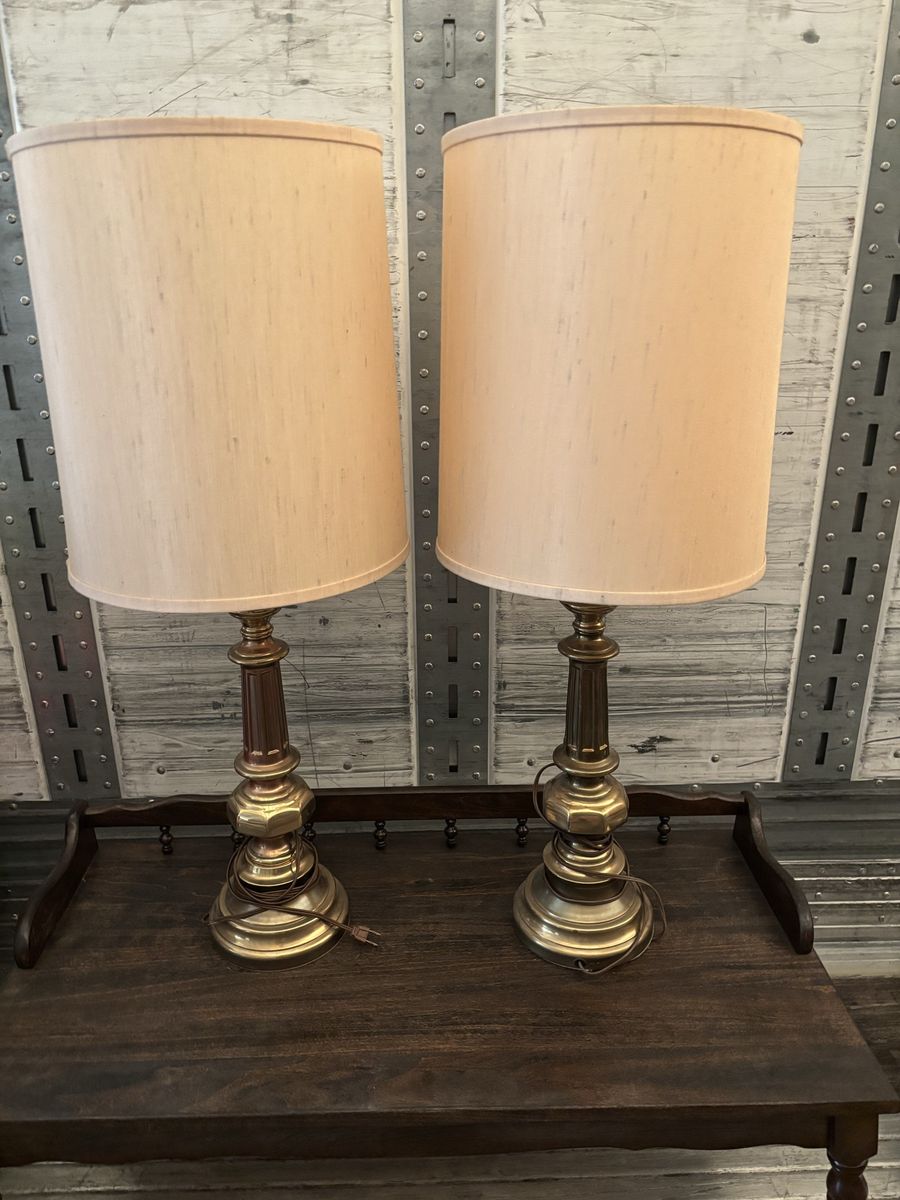 Pair of Vintage Brass Stiffel Table Lamps with Tall Beige Drum Shades