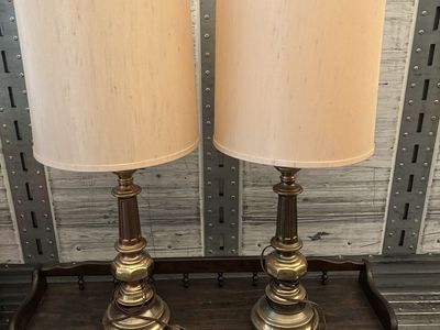 Pair of Vintage Brass Stiffel Table Lamps with Tall Beige Drum Shades