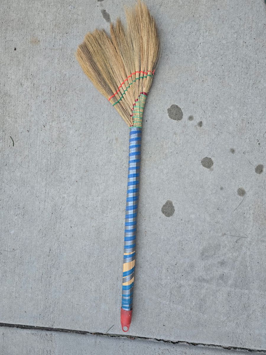 Traditional Hand-Woven Thai Soft Grass Broom – Blue Ribbon Wrapped Handle