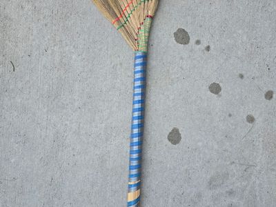 Traditional Hand-Woven Thai Soft Grass Broom – Blue Ribbon Wrapped Handle