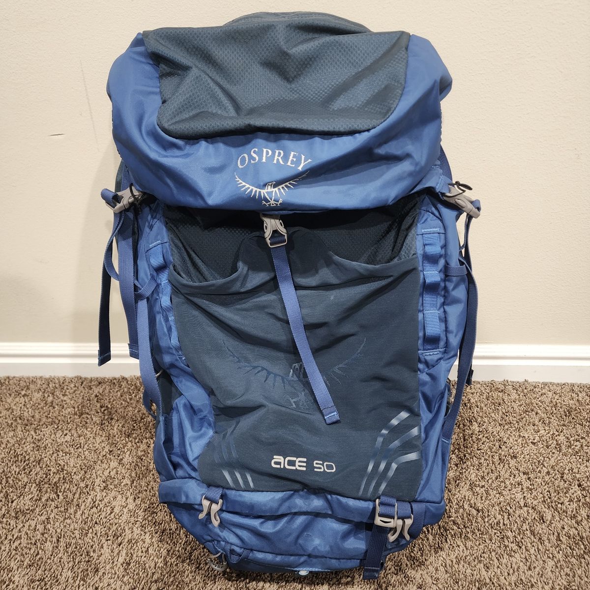 OSPREY ACE 50 LITER CAMPING DAYPACK BLUE HILLS HIKING CAMPING USED ONCE AMAZING QUALITY!