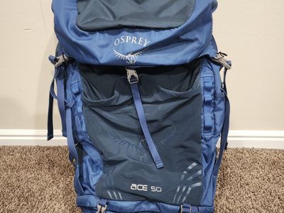 OSPREY ACE 50 LITER CAMPING DAYPACK BLUE HILLS HIKING CAMPING USED ONCE AMAZING QUALITY!