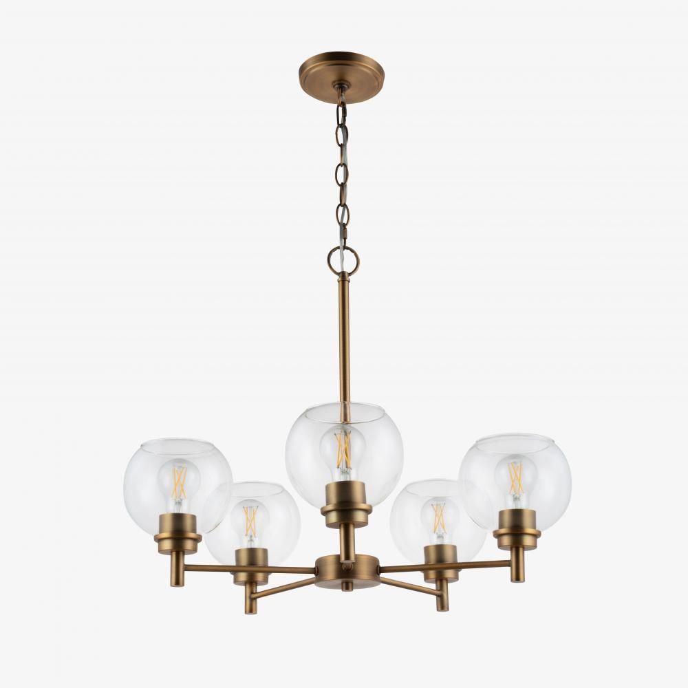 Modern 5 Light Chandelier Brass Finish Clear Round Glass