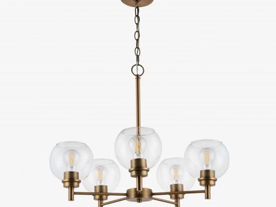 Modern 5 Light Chandelier Brass Finish Clear Round Glass