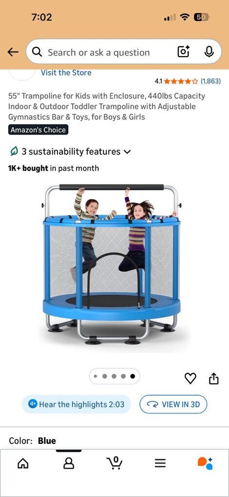 55″ Kids Trampoline with Safety Enclosure — Blue