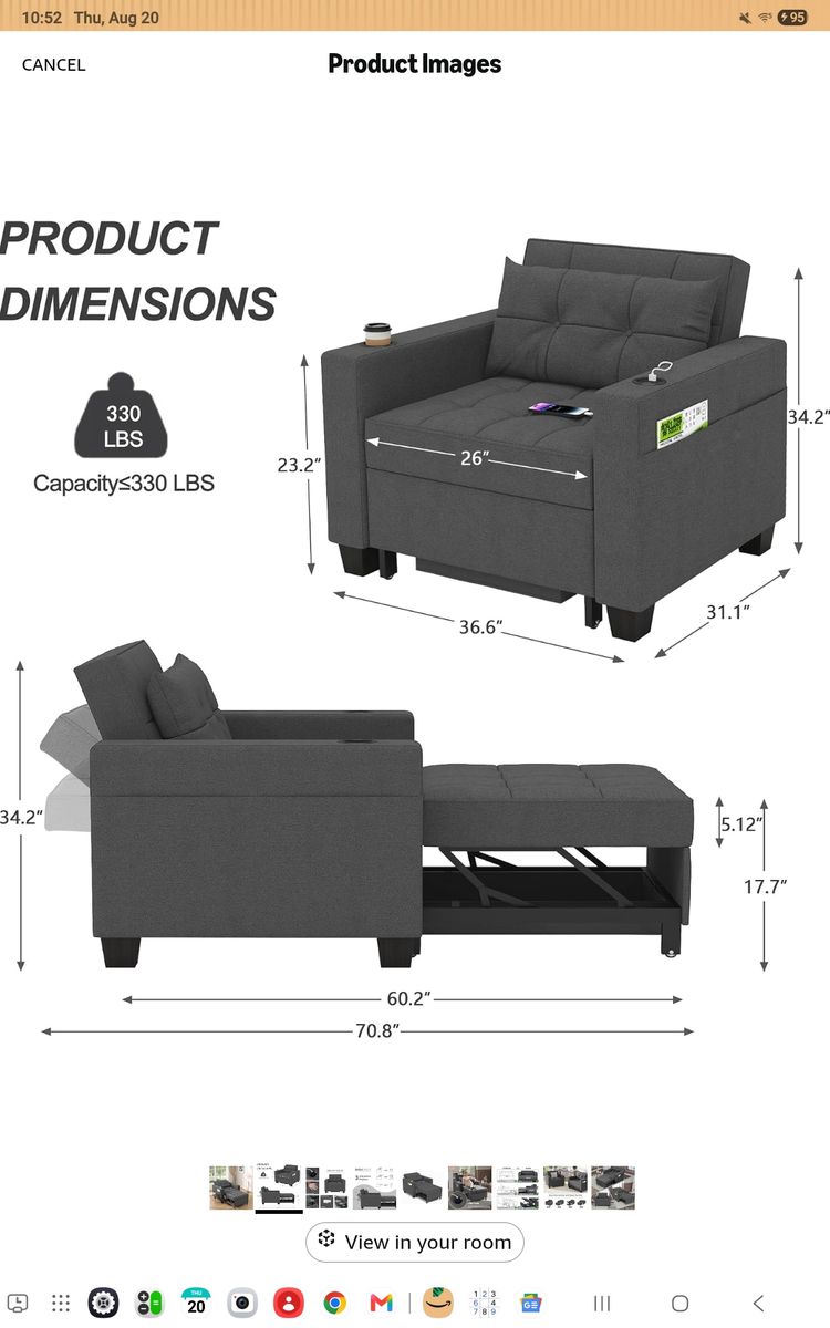 36" 3 in 1 Sleeper Chair