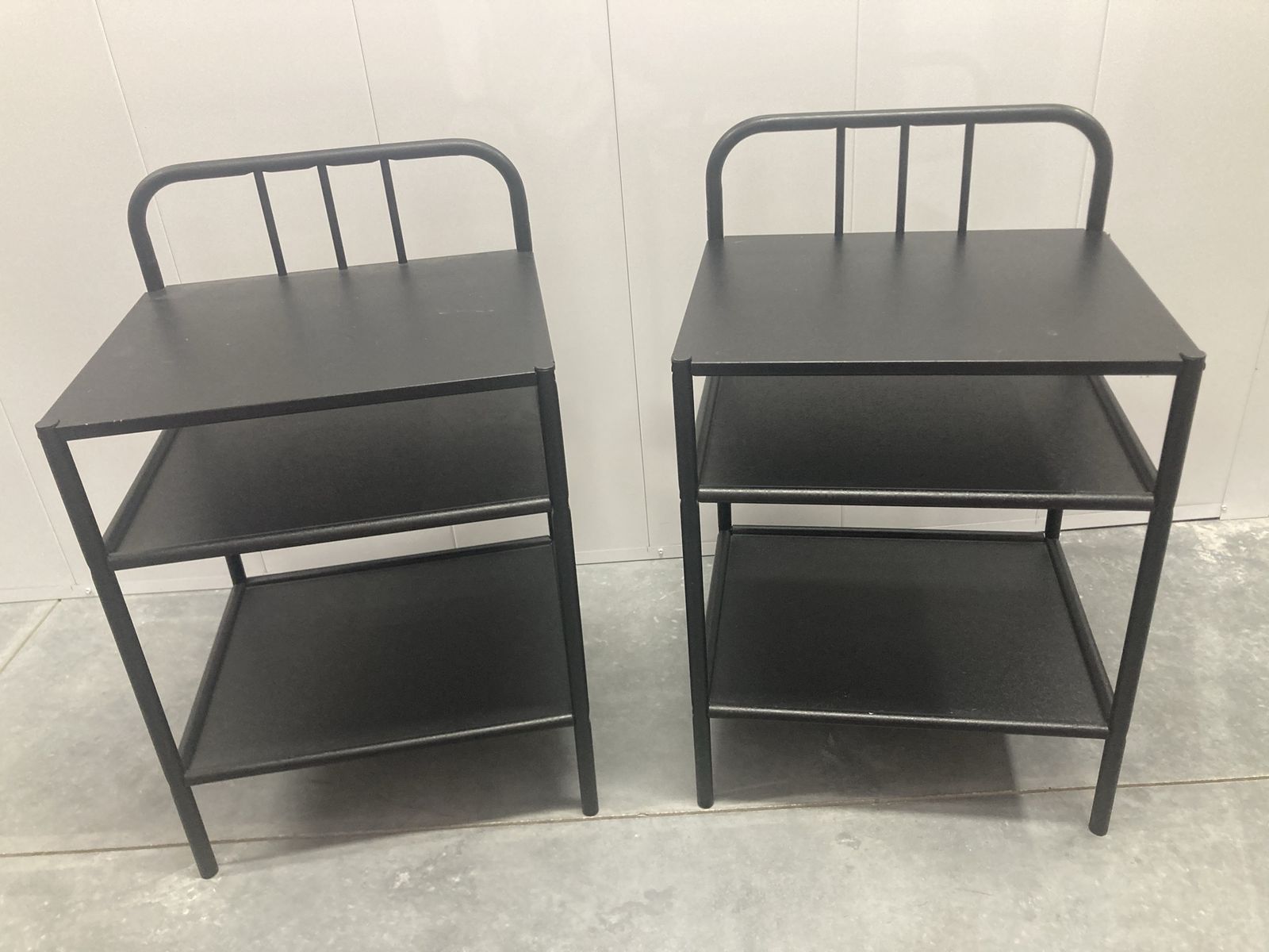 Pair of Black Metal 3-Tier End Tables/Nightstands with Railings
