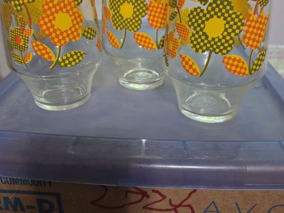 Vintage 1970 Floral Checkerboard Drinking Glasses Set of Three