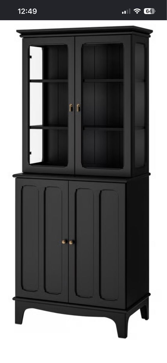 Hutch, Cabinet, Entertainment Black, w/ Glass Doors, Brass Fixtures 78 3/8 tall