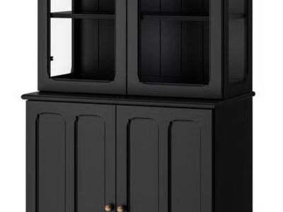 Hutch, Cabinet, Entertainment Black, w/ Glass Doors, Brass Fixtures 78 3/8 tall