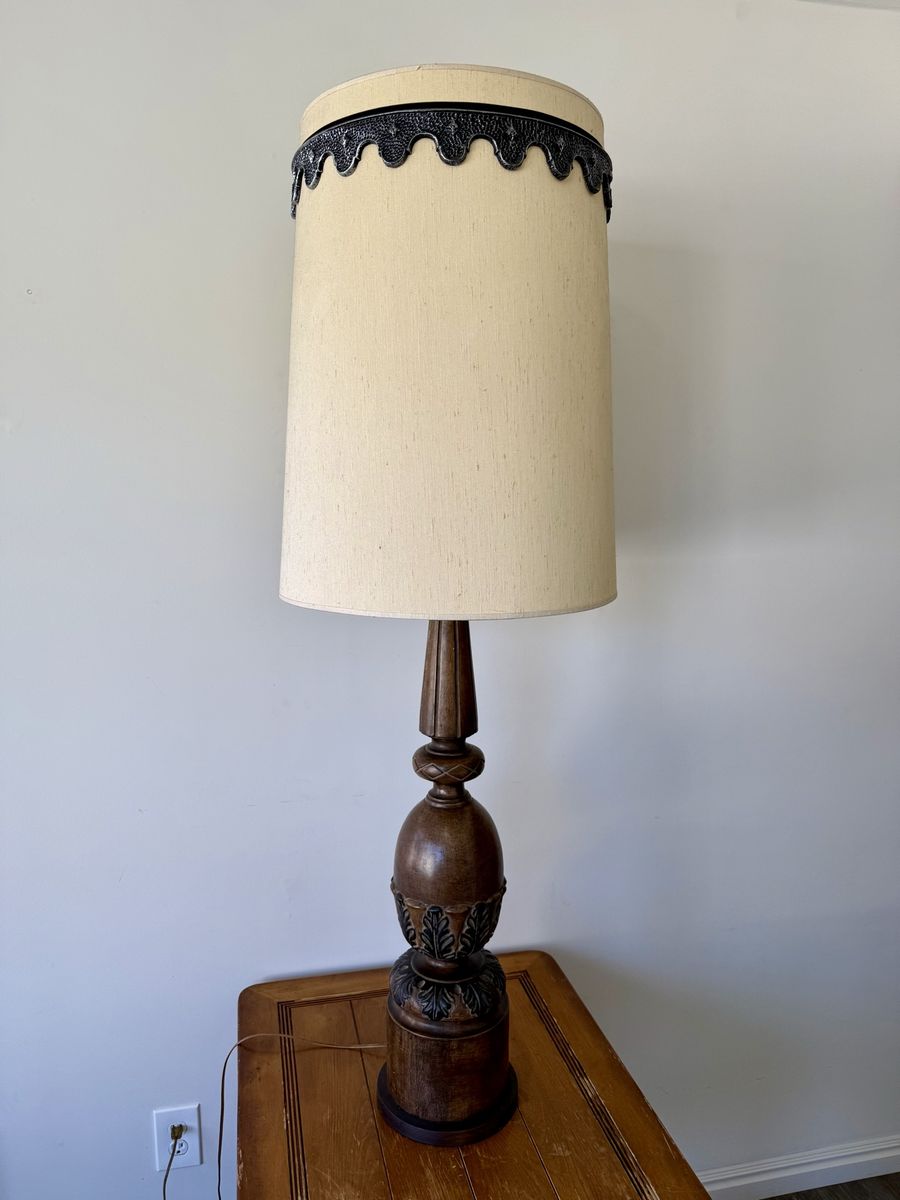 Monumental 52” Vintage Hollywood Regency Carved Wood Table Lamp