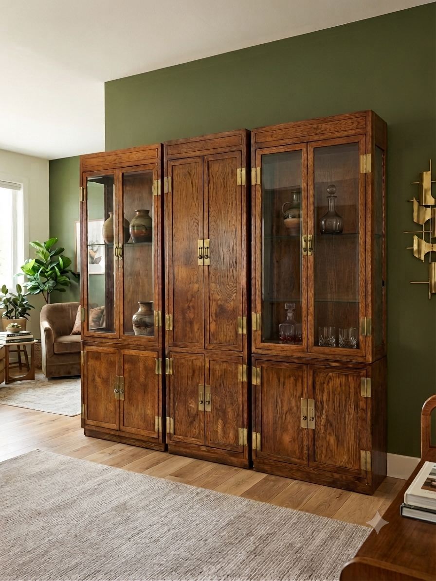 Vintage Henredon "Scene One" Campaign Cabinet Set — 3 Pieces, Solid Oak & Brass