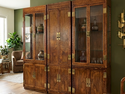 Vintage Henredon "Scene One" Campaign Cabinet Set — 3 Pieces, Solid Oak & Brass