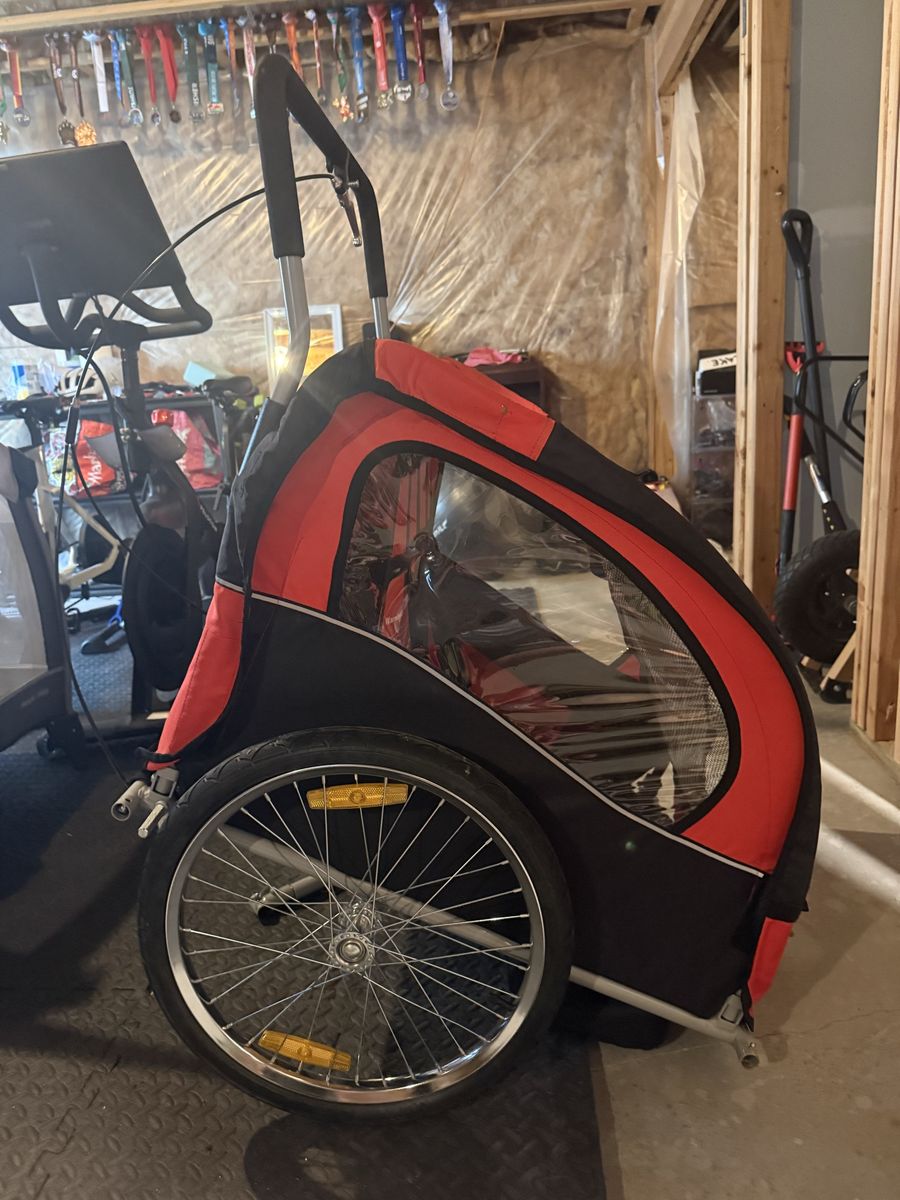 Aurora Red/Black Bicycle Child Trailer Stroller - Easily Converts for Cycling & Walking, Good Condition