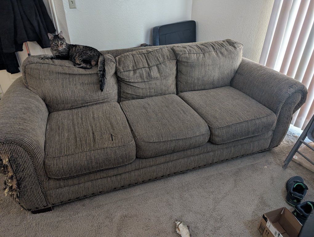 Textured Upholstered 3-Cushion Sofa - Brown/Tan - As-Is / Damaged