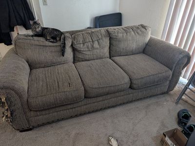 Textured Upholstered 3-Cushion Sofa - Brown/Tan - As-Is / Damaged