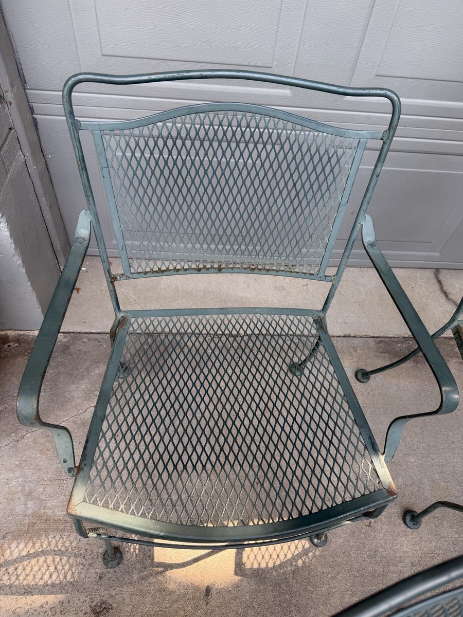 Set of 6 Vintage Wrought Iron Mesh Outdoor Patio Dining Chairs - Weathered Green- they need a little TLC and will be gorgeous!