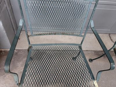 Set of 6 Vintage Wrought Iron Mesh Outdoor Patio Dining Chairs - Weathered Green- they need a little TLC and will be gorgeous!