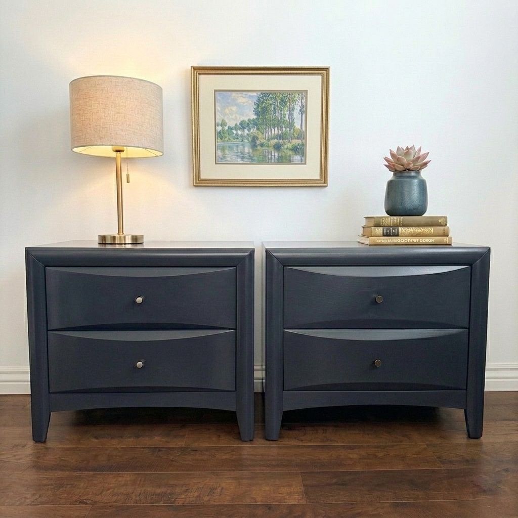 Pair of Modern Grey 2-Drawer Nightstands - Sleek Curved Design Bedside Tables