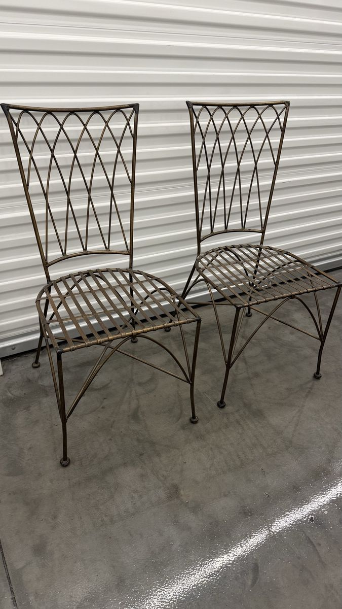 Set of 2 Vintage Metal Wrought Iron Lattice Back Dining Chairs - Gold Finish