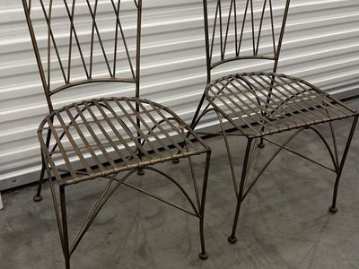 Set of 2 Vintage Metal Wrought Iron Lattice Back Dining Chairs - Gold Finish