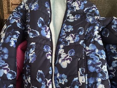 Girls Reversible Floral Puffer Jacket with Hood - Blue/White Flowers & Soft Blue Lining, Sizes M-L