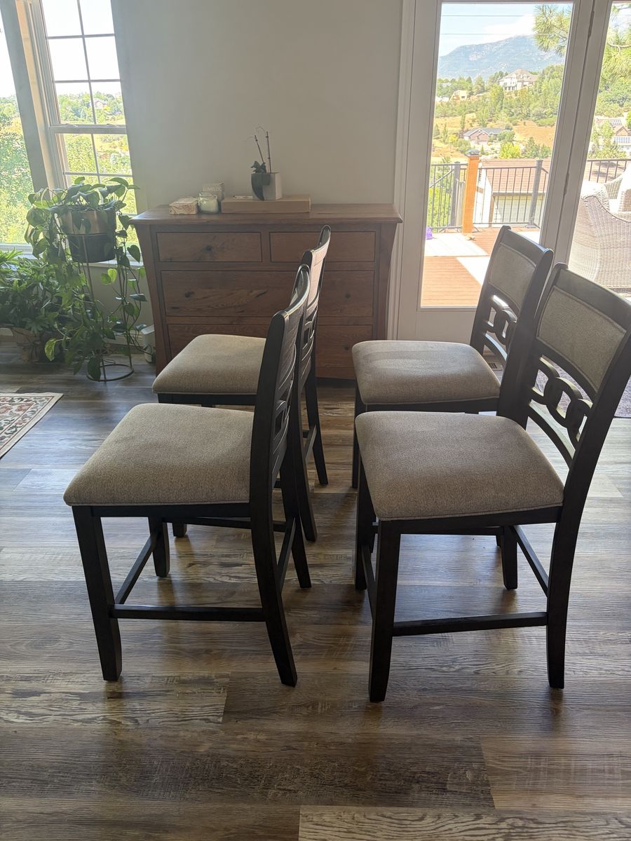 Set of 4 Wooden Upholstered Bar Stools / Counter Height Chairs - Dark Wood & Tan Fabric