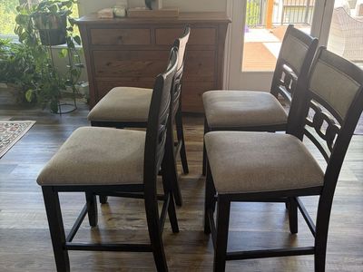 Set of 4 Wooden Upholstered Bar Stools / Counter Height Chairs - Dark Wood & Tan Fabric