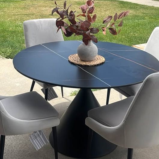NEW Round Black Marble style Top(metal/glass)Dining Table with 4 Grey Velvet Chairs