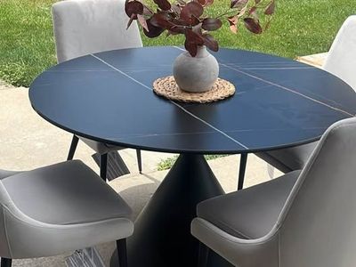 NEW Round Black Marble style Top(metal/glass)Dining Table with 4 Grey Velvet Chairs