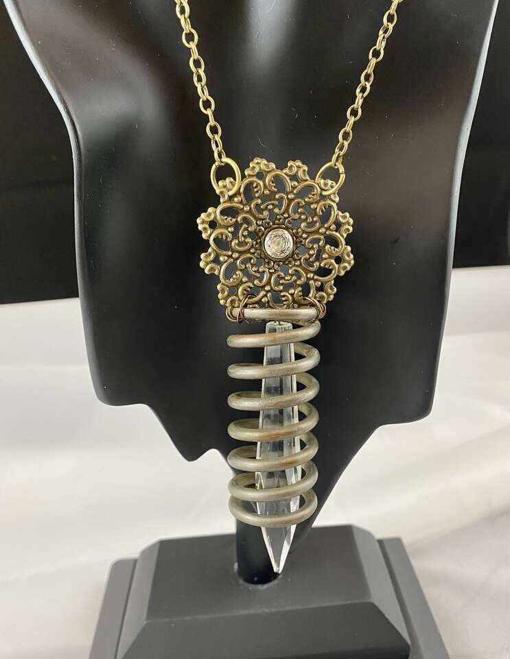 Vintage Salvage Shabby Chic Bling - Industrial Spring Chandelier Crystal Necklace - Long Bronze Chain - C PICS