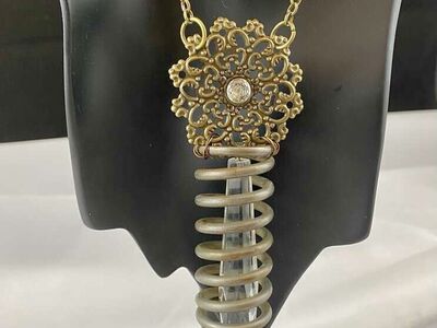 Vintage Salvage Shabby Chic Bling - Industrial Spring Chandelier Crystal Necklace - Long Bronze Chain - C PICS