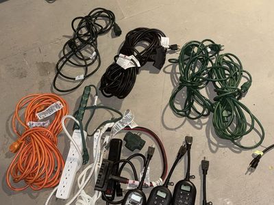Various electrical extension cords (outdoor and indoor), multi power inputs, exterior cord adapters, timers, etc