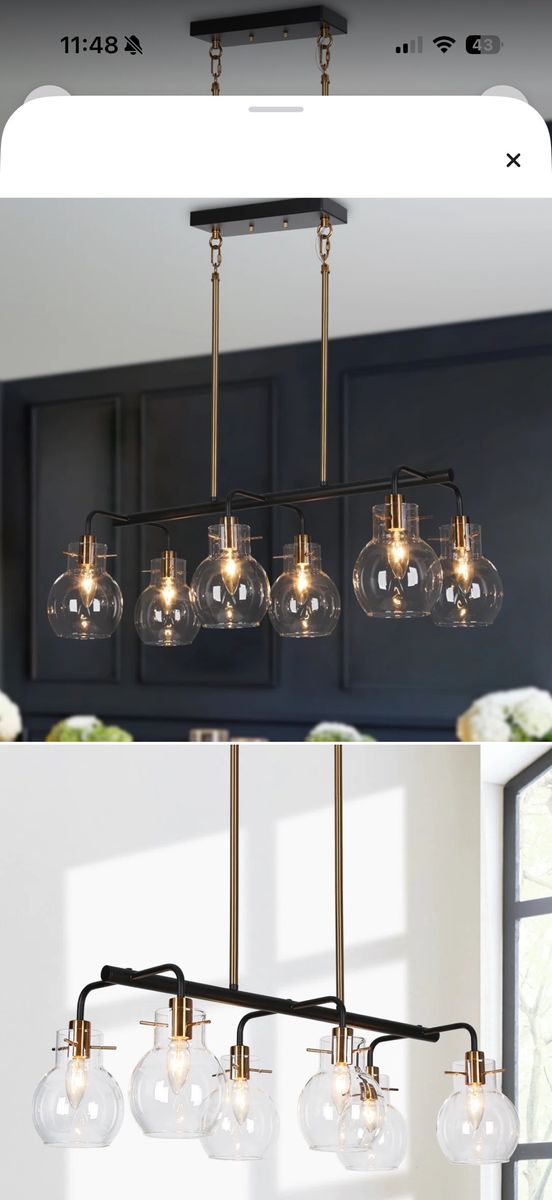 New In Box Modern 6-Light Linear Globe Chandelier - Black & Gold