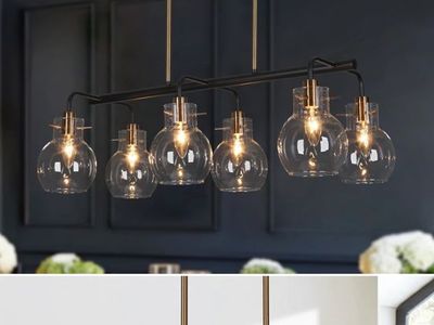 New In Box Modern 6-Light Linear Globe Chandelier - Black & Gold