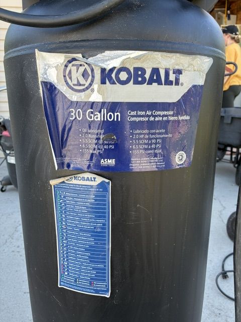 Air Compressor- Kobalt 30-Gallon Vertical - 2 HP, Oiled, 175 PSI