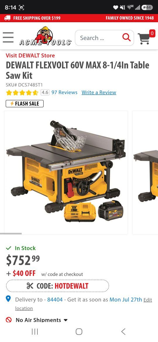 DEWALT FLEXVOLT 60V MAX 8-1/4in Table Saw Kit (DCS7485T1) - Cordless Brushless