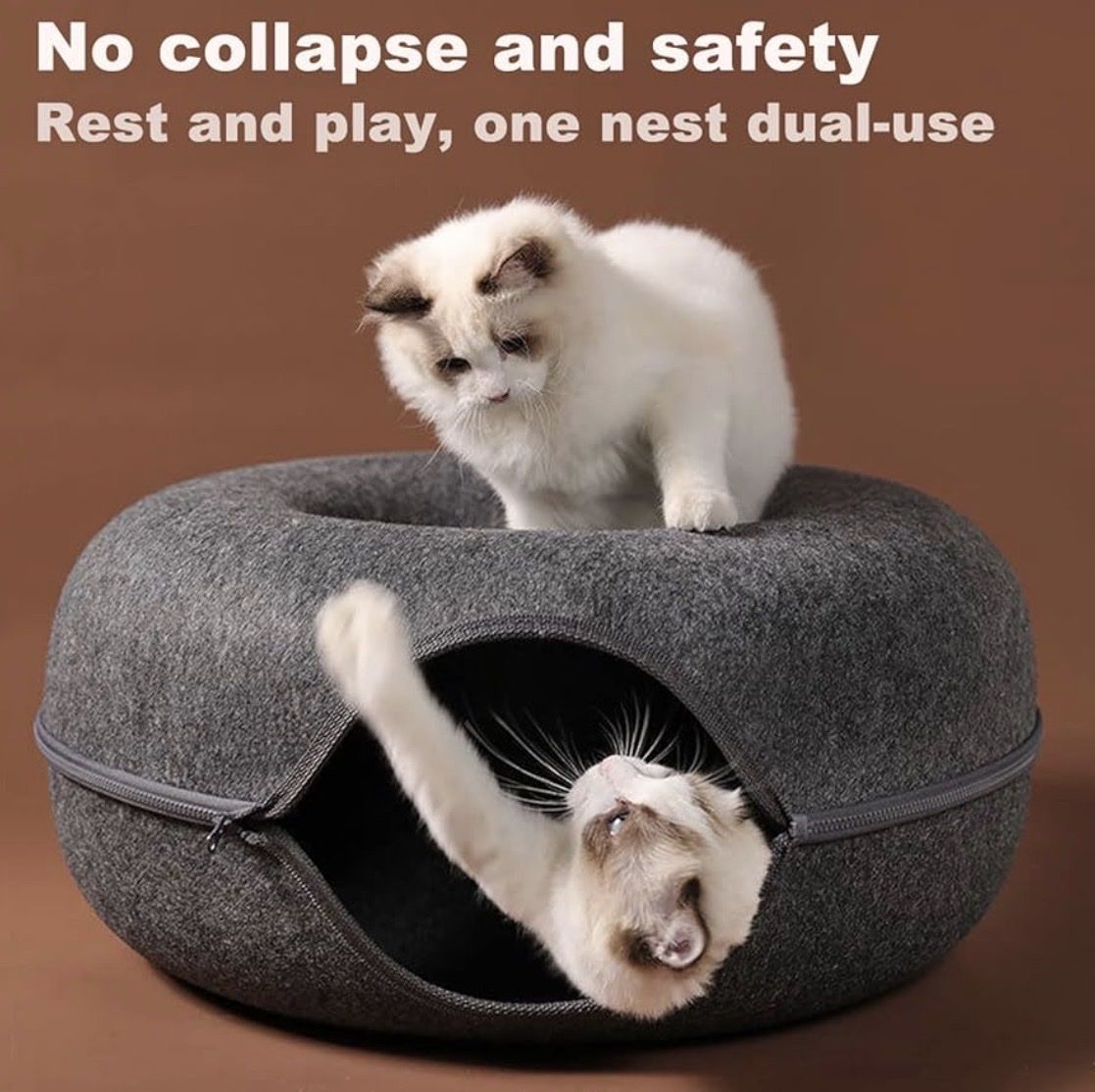 Cat Tunnel Bed, L Size for Cats up to 30 lbs, Gray Felt Fabric, Zipper Link Design, Removable & Washable