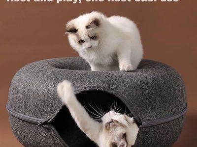 Cat Tunnel Bed, L Size for Cats up to 30 lbs, Gray Felt Fabric, Zipper Link Design, Removable & Washable