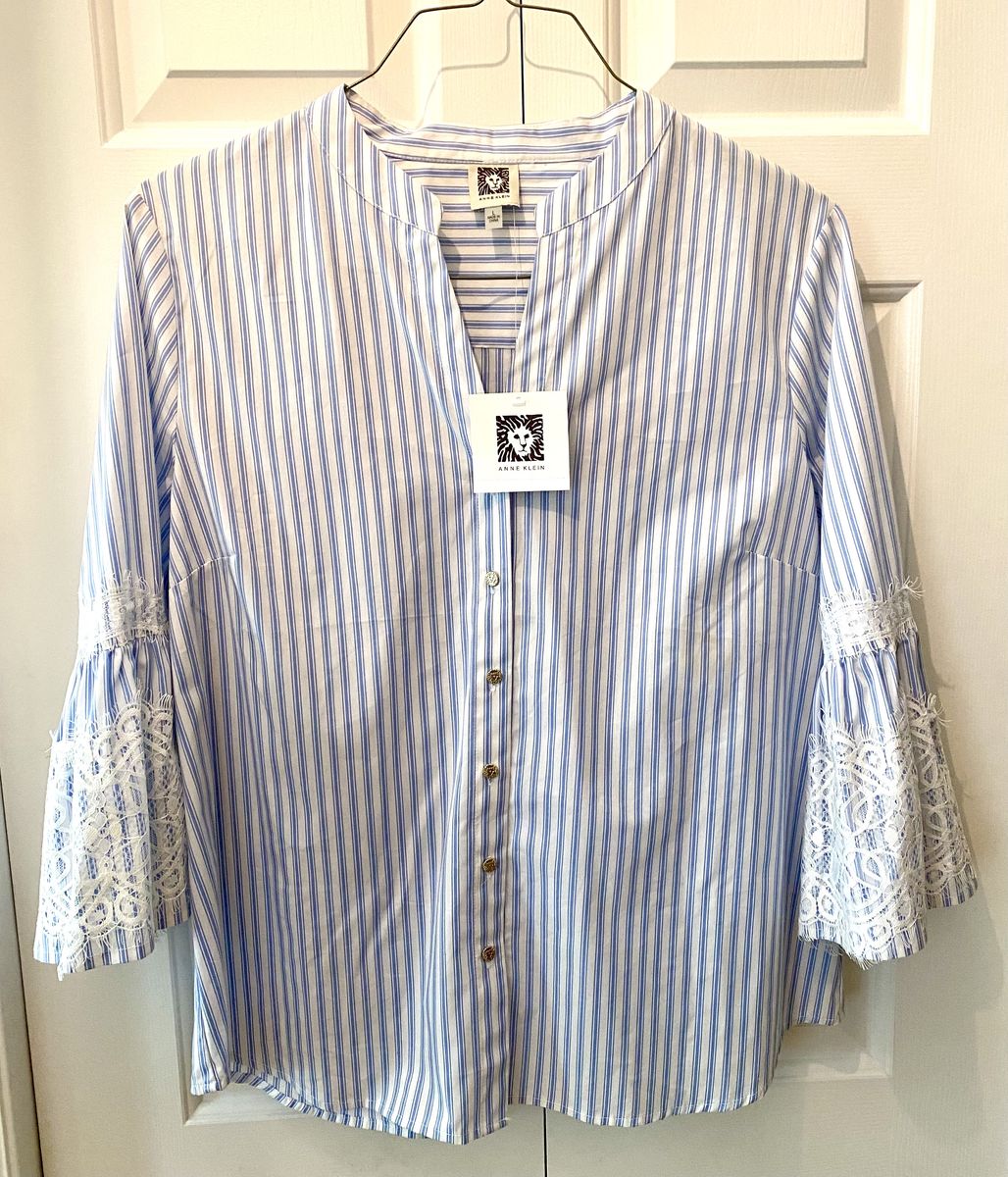 NEW - Anne Klein Blouse/Top - White With Light Blue Stripes- Lace Accents - Retails $79