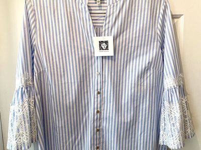 NEW - Anne Klein Blouse/Top - White With Light Blue Stripes- Lace Accents - Retails $79