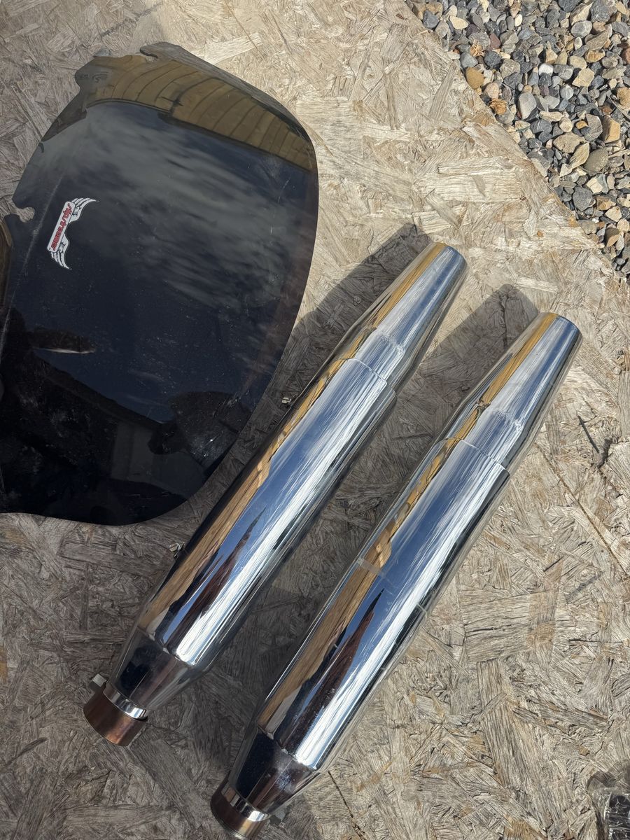 Harley-Davidson Motorcycle Windshield & Chrome Exhaust Pipes - Used Condition