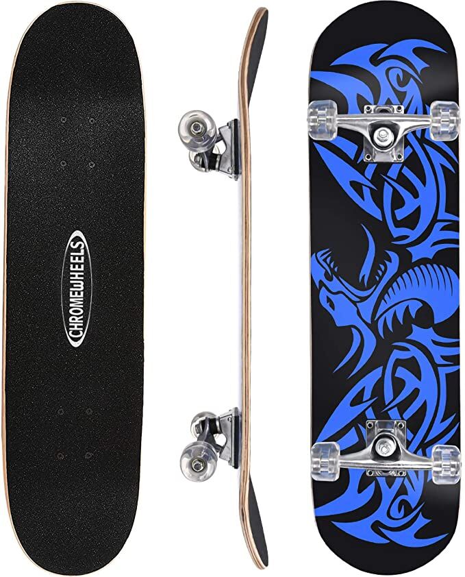 Great Christmas Gift. New Chrome Wheels Skate Board with carrying case Blue 31 inch Last one