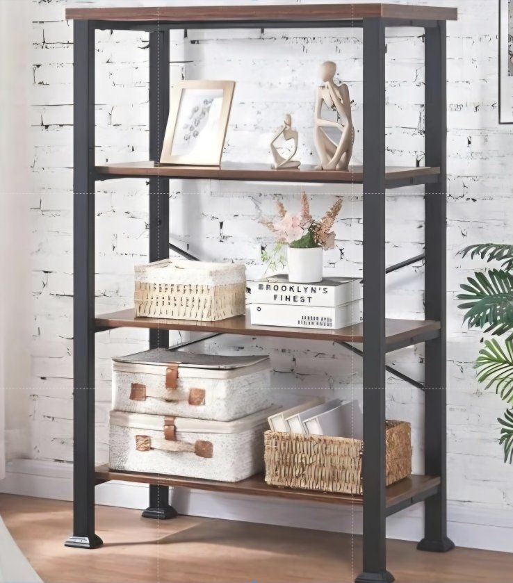 4 Tier Bookshelf,Rustic Brown Industrial Book Shelf,Engineered Wood and Metal Deep Bookcases,Low Shelf Bookcase for Living Room