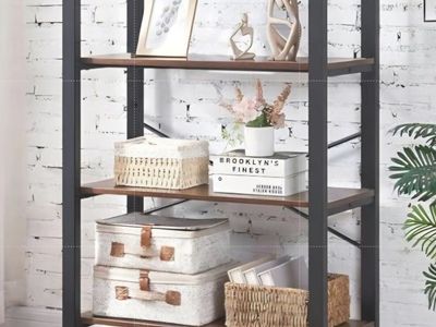 4 Tier Bookshelf,Rustic Brown Industrial Book Shelf,Engineered Wood and Metal Deep Bookcases,Low Shelf Bookcase for Living Room