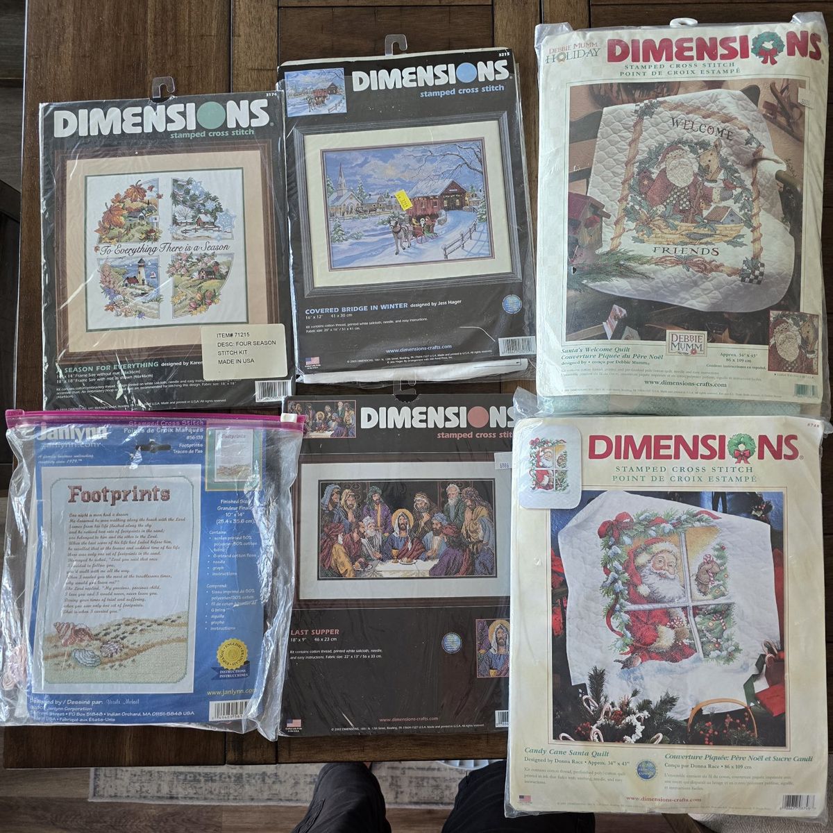 Dimensions Stamped Cross Stitch Kits: 'Covered Bridge', 'Last Supper', 'Footprints', 'Debbie Mumm Santa'